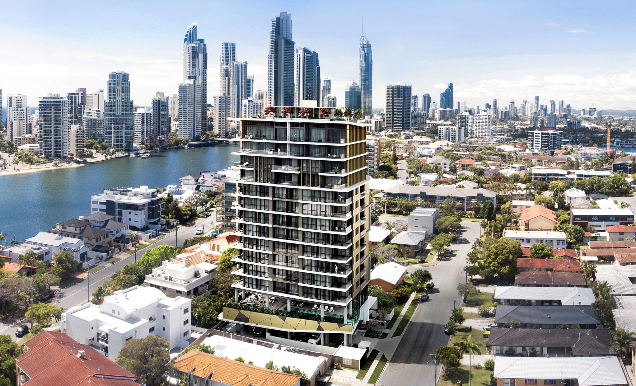 Aerial render of the BOUTIQUE tower on Chevron Island with the Surfers Paradise skyline behind